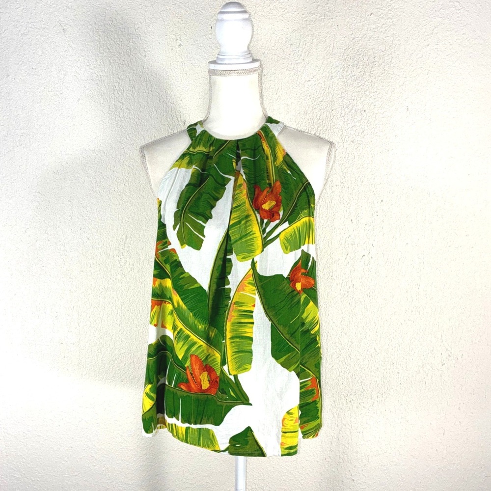Cynthia Rowley Womens Tropical Banana Leaf Linen Blend Halter Top Green Large
